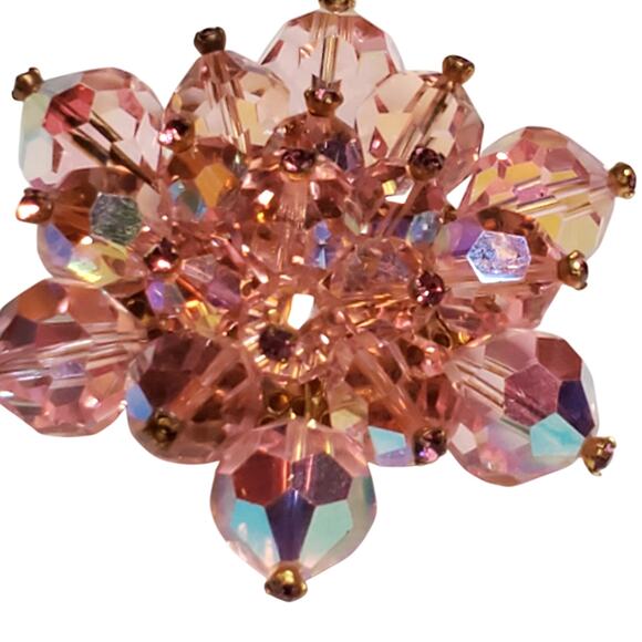 Vtg Austrian Crystal Aurora Borealis Flower Pink Cluster Gold Tone 2" Unsigned - Picture 4 of 8